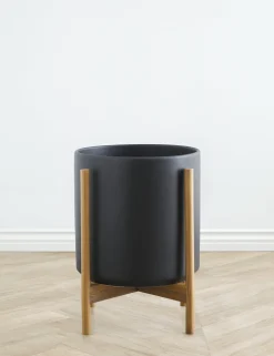 Ceramic Planter Pot + Teak Stand by LBE Design