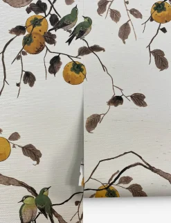 Persimmon Birds Grasscloth Wallpaper by Nathan Turner