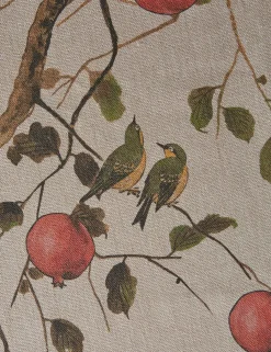 Pomegranate Birds Flax Linen Fabric by Nathan Turner