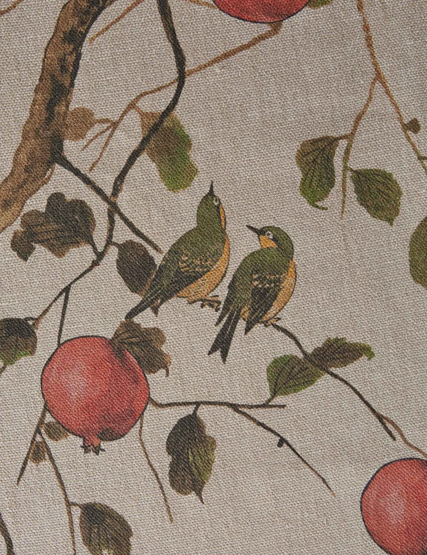Pomegranate Birds Flax Linen Fabric by Nathan Turner