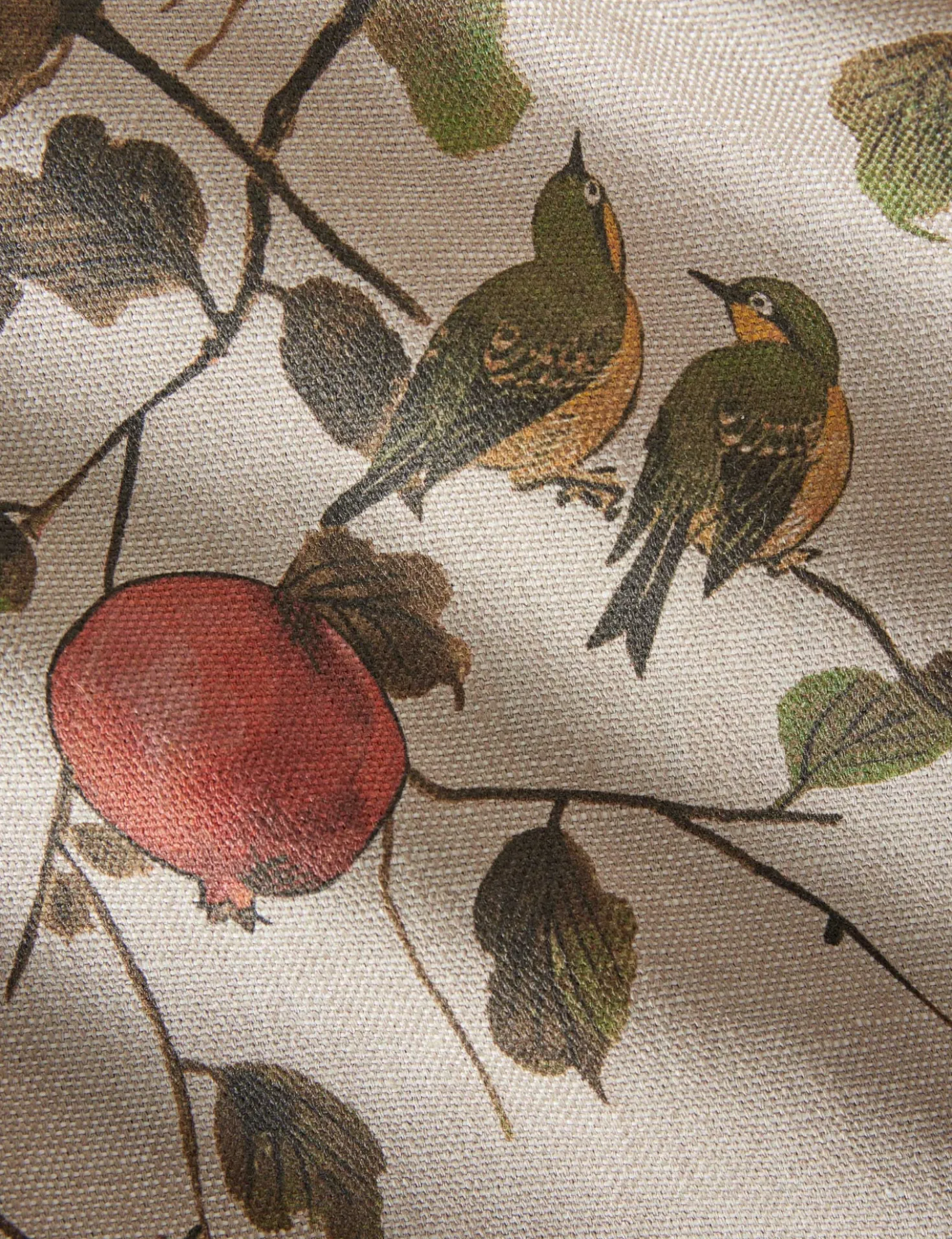 Pomegranate Birds Flax Linen Fabric by Nathan Turner